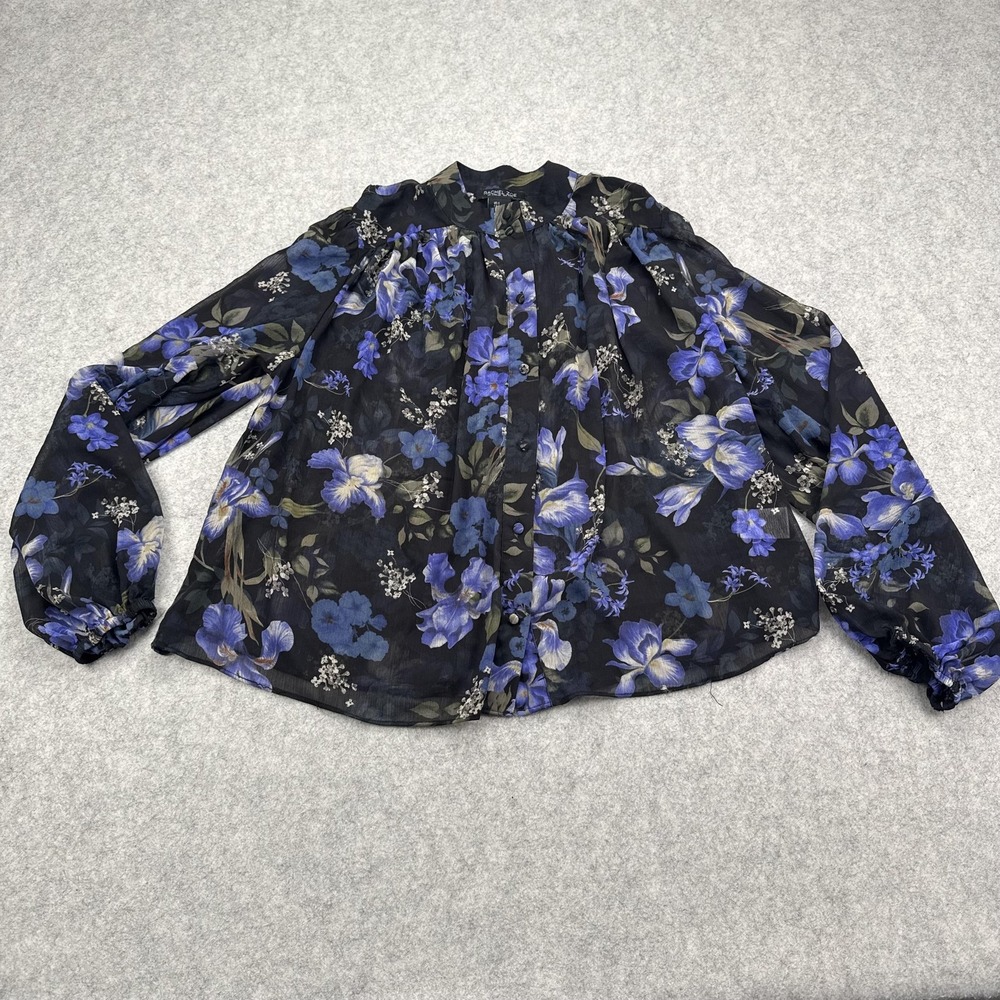 Rachel Zoe Blouse Womens Small Black Blue Floral Sheer Button Long Sleeve Top